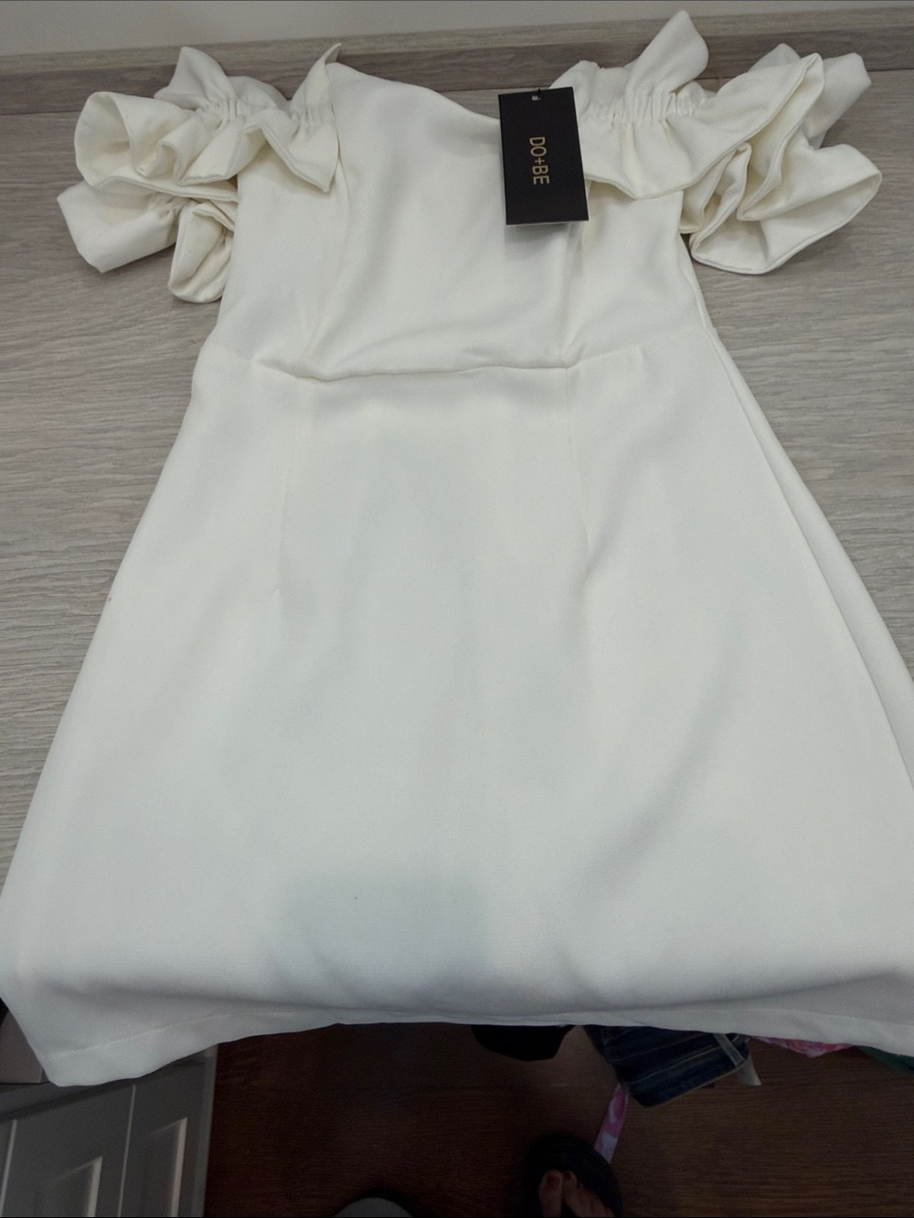 DO+BE Cream Off-Shoulder Ruffle Sleeve Mini Dress